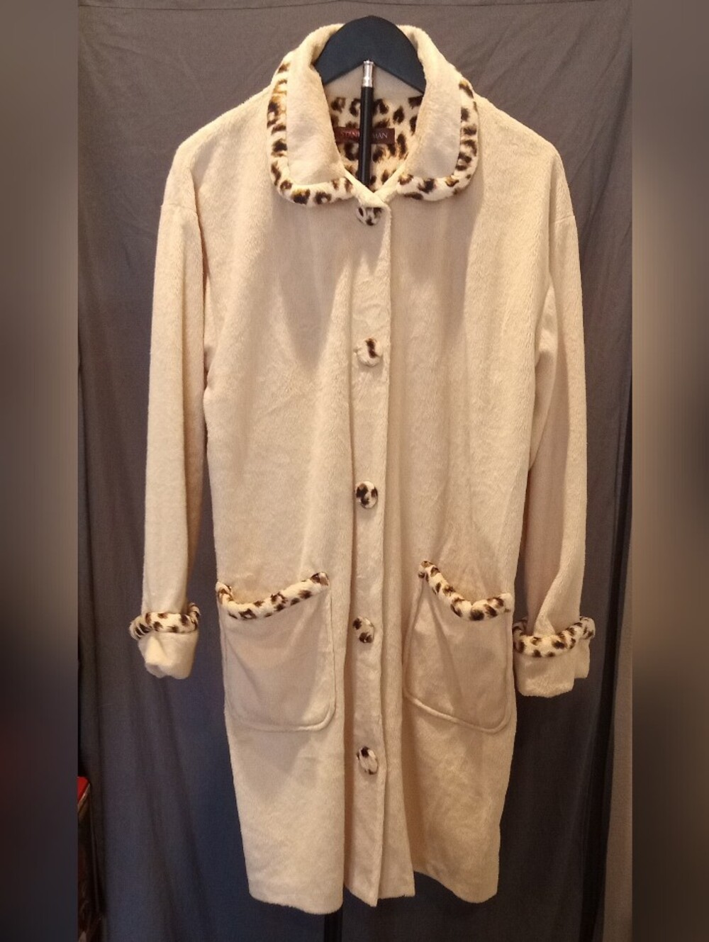 Stan Herman Cozy Cream Long Robe House Coat with Leopard Trim Women's Size M